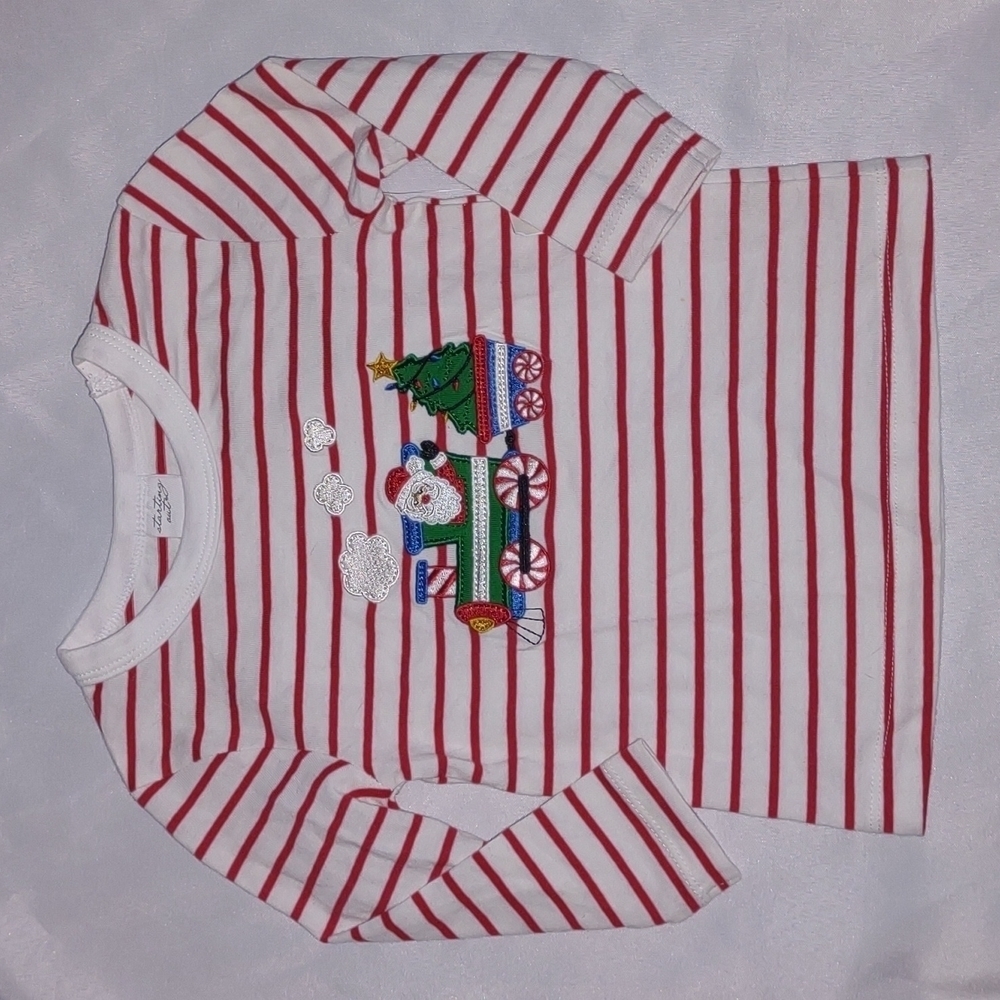 Christmas Red & White Striped Long Sleeve Santa T-shirt - Picture 1 of 4